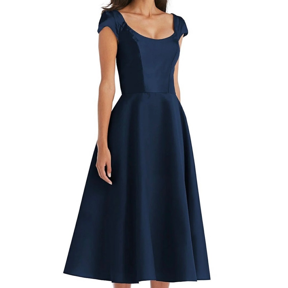 Navy blue Alfred Sung cap sleeve full skirt satin midi cocktail dress